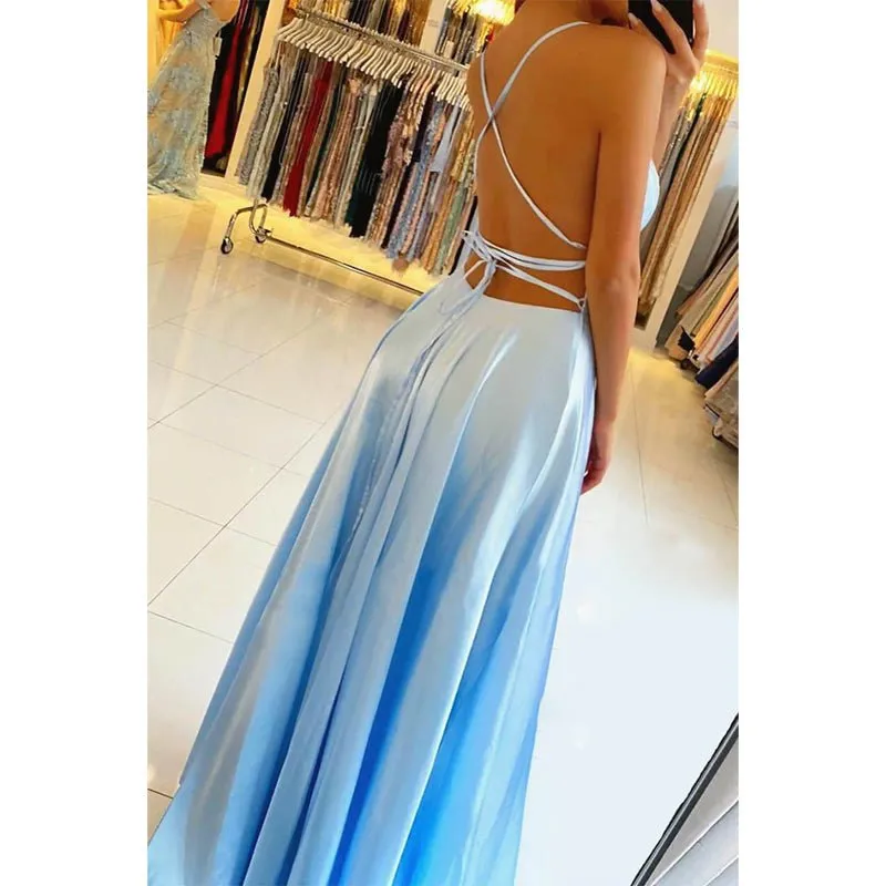 A-line Scoop Stretch Satin High Split Long Simple Prom Dress Formal Evening Gowns