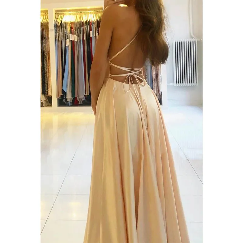 A-line Scoop Stretch Satin High Split Long Simple Prom Dress Formal Evening Gowns