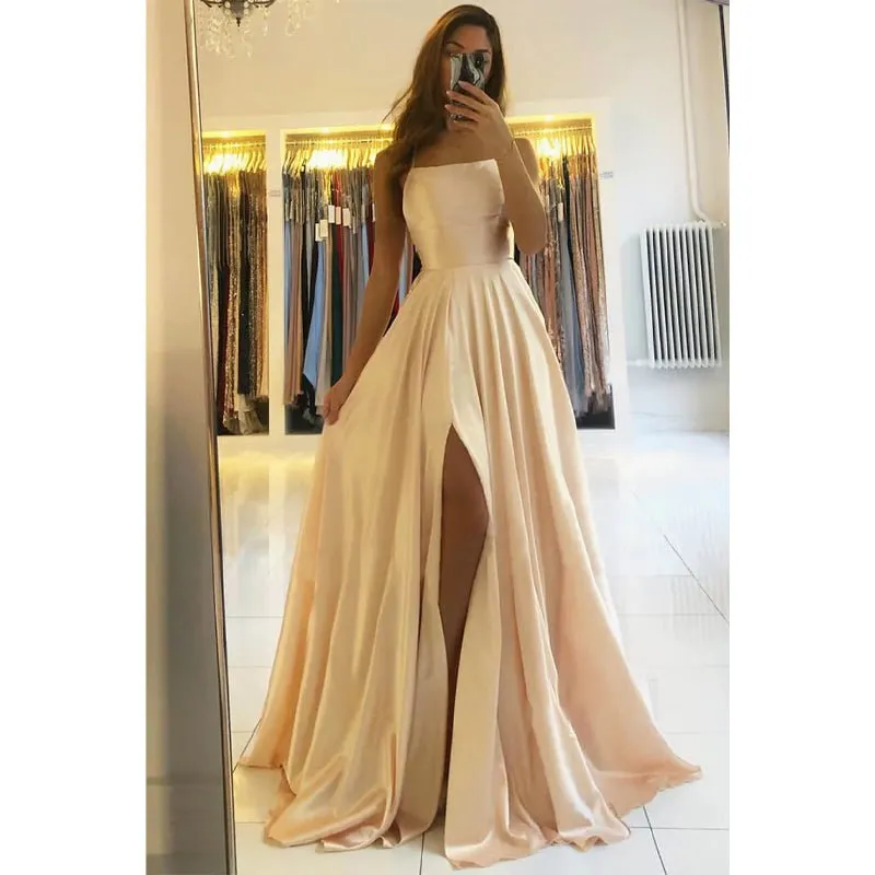 A-line Scoop Stretch Satin High Split Long Simple Prom Dress Formal Evening Gowns