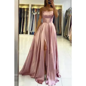 A-line Scoop Stretch Satin High Split Long Simple Prom Dress Formal Evening Gowns