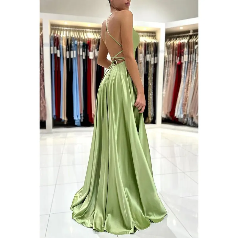 A-line Scoop Stretch Satin High Split Long Simple Prom Dress Formal Evening Gowns