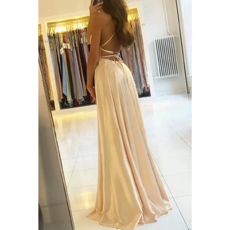 A-line Scoop Stretch Satin High Split Long Simple Prom Dress Formal Evening Gowns