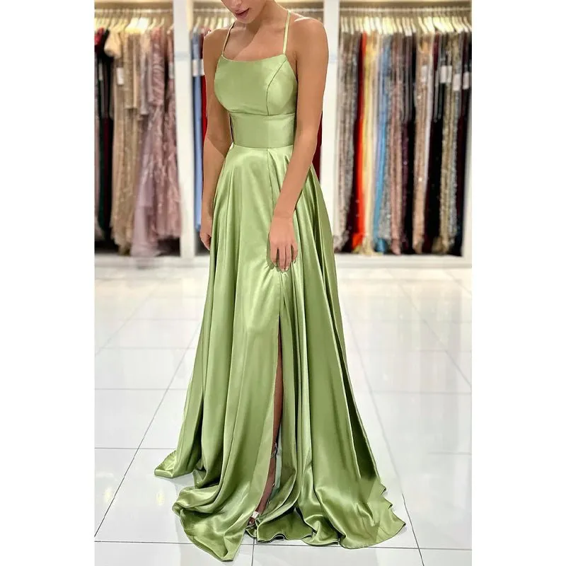 A-line Scoop Stretch Satin High Split Long Simple Prom Dress Formal Evening Gowns