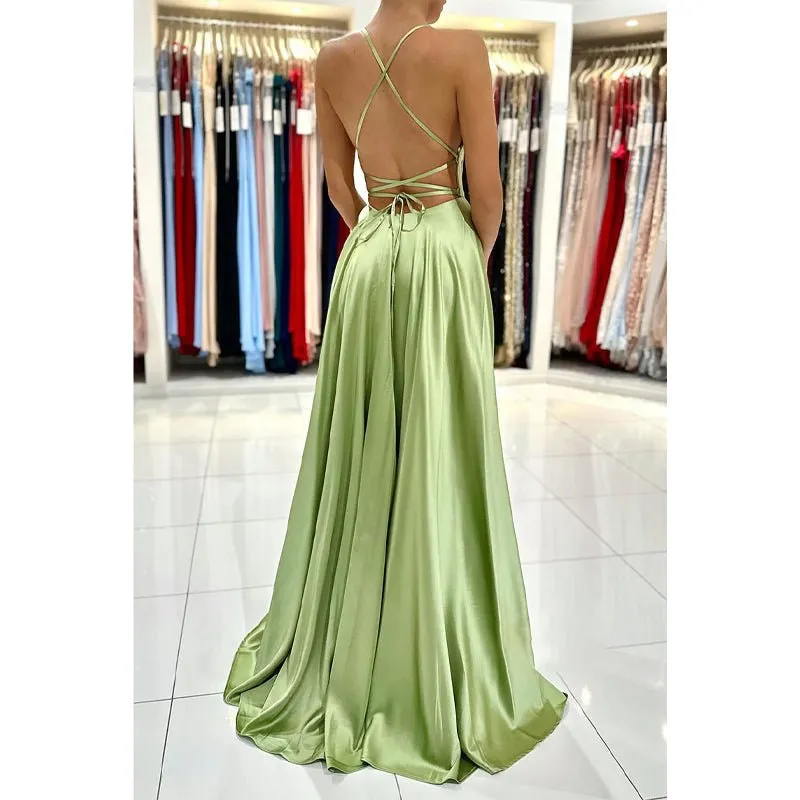 A-line Scoop Stretch Satin High Split Long Simple Prom Dress Formal Evening Gowns