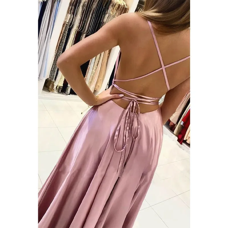 A-line Scoop Stretch Satin High Split Long Simple Prom Dress Formal Evening Gowns