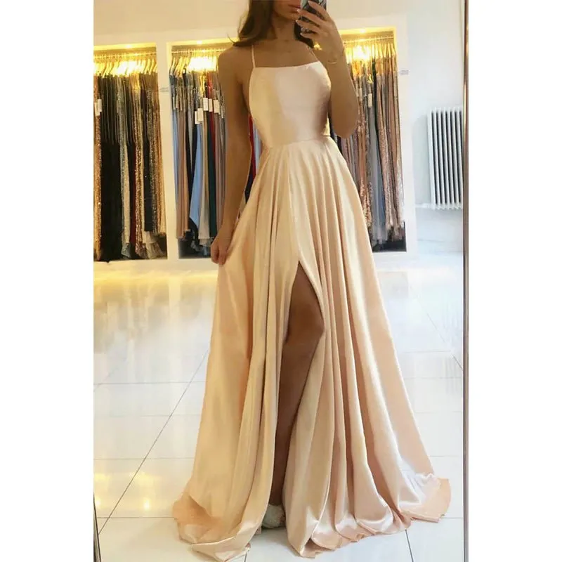 A-line Scoop Stretch Satin High Split Long Simple Prom Dress Formal Evening Gowns