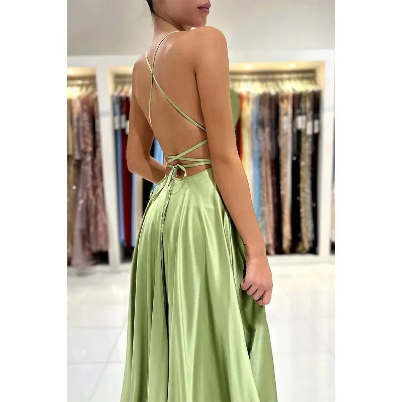 A-line Scoop Stretch Satin High Split Long Simple Prom Dress Formal Evening Gowns