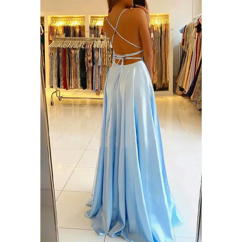 A-line Scoop Stretch Satin High Split Long Simple Prom Dress Formal Evening Gowns