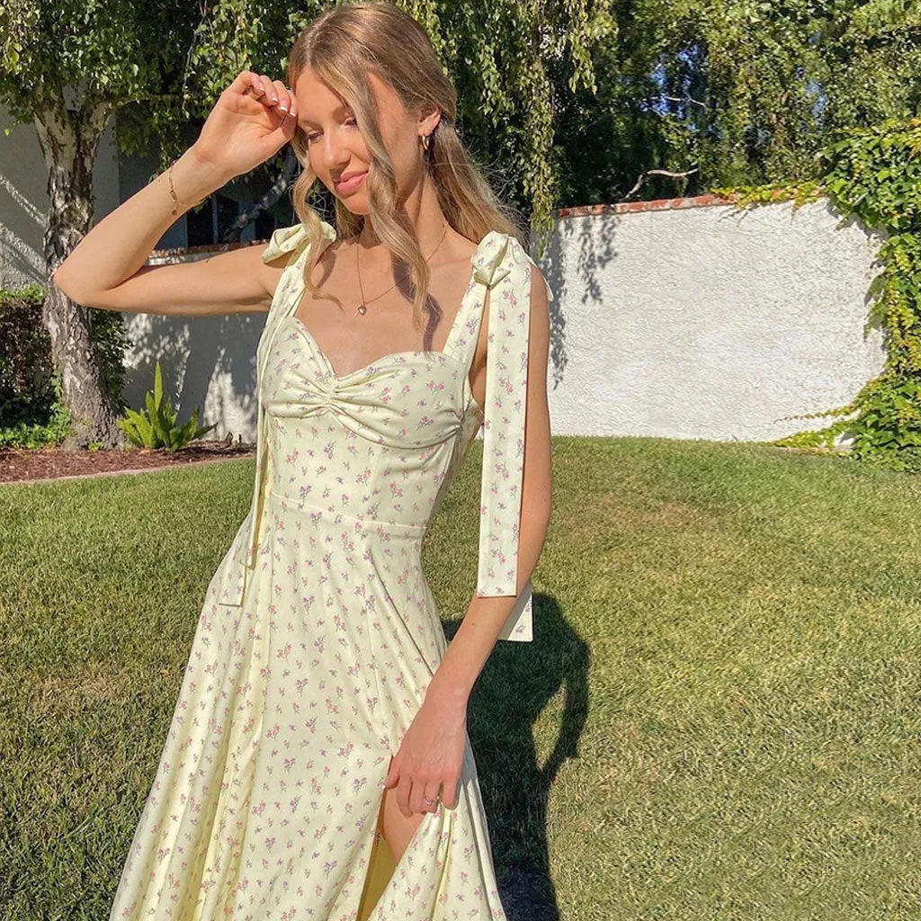 Adorable Daisy Printed High Slit A-Line Slip Midi SunDresses - Yellow