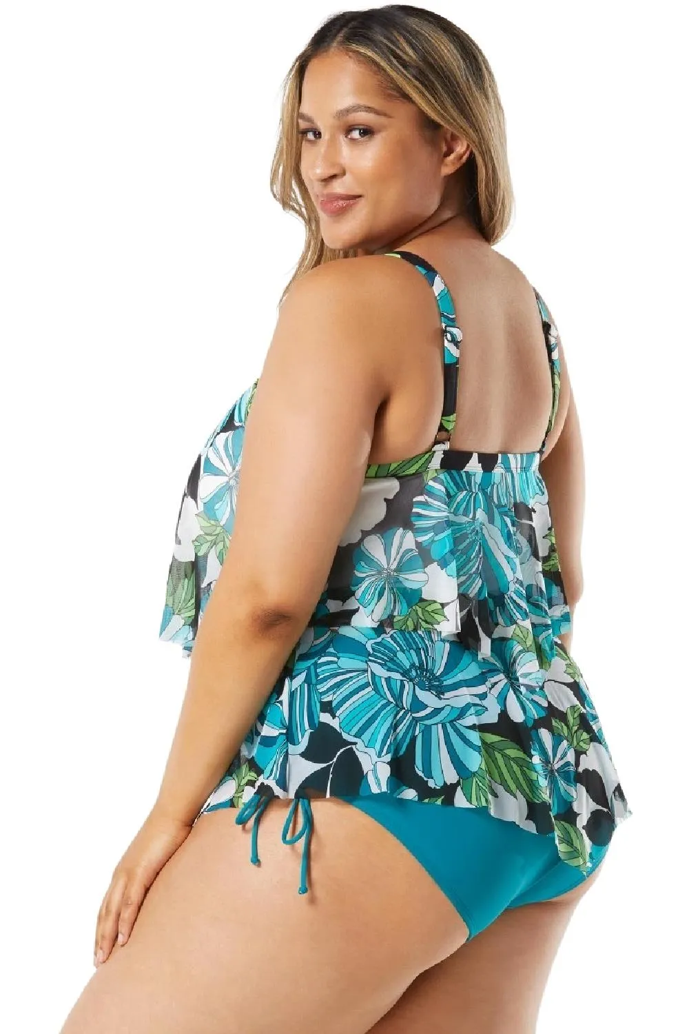 Beach House Swim Deco Garden Plus Size Portia Mesh Layer Tankini, Black Multi (HW06068)