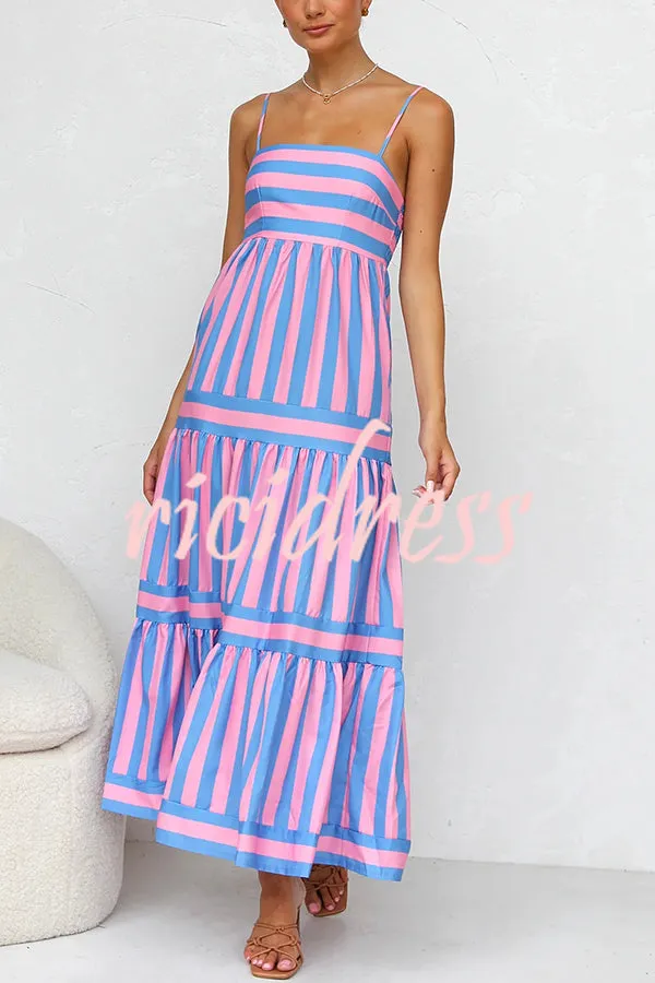 Beachy Dreams Striped Print Back Smocked Pocket A-line Slip Midi Dress
