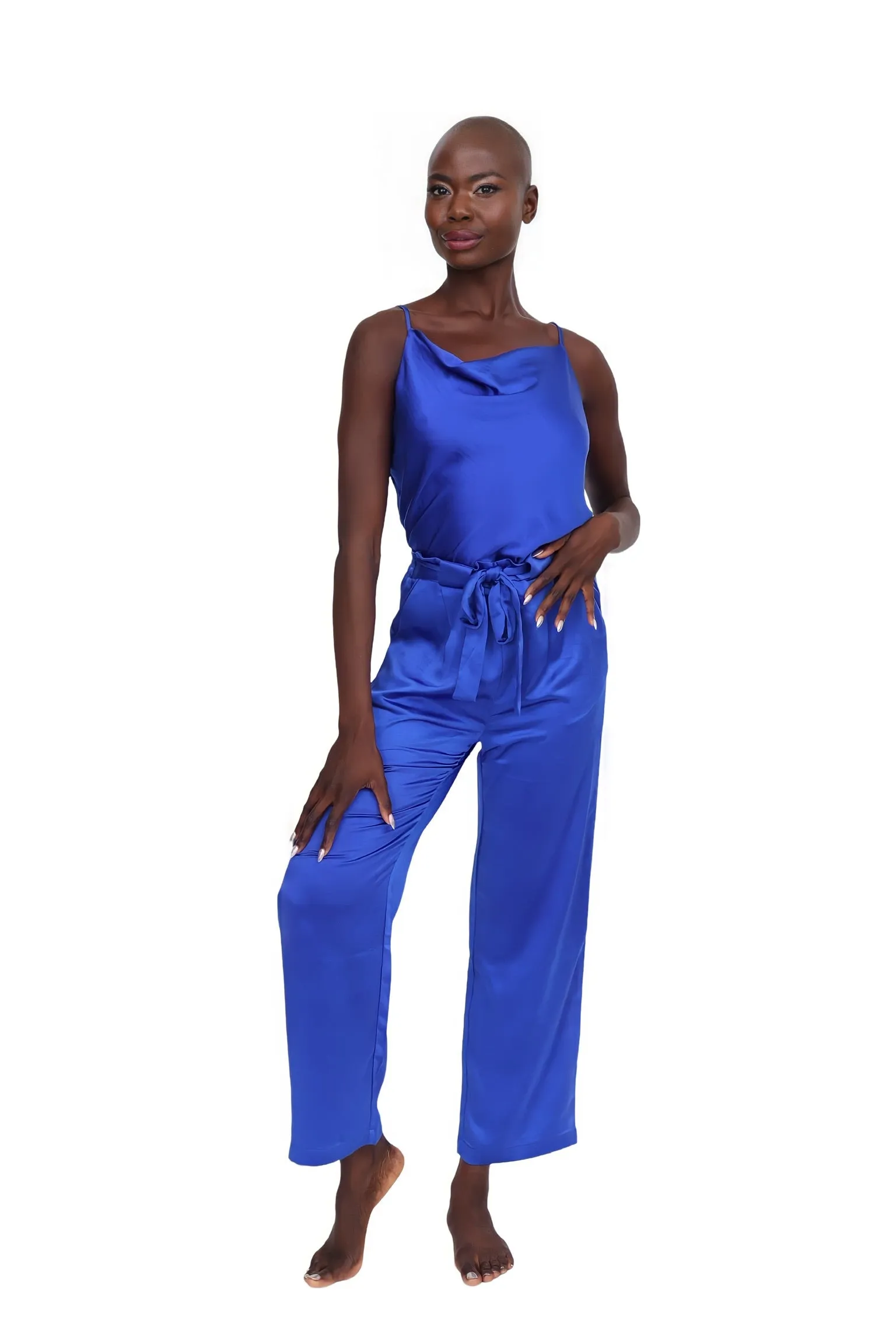 Belted Satin Wide Leg Pant - Cobalt Blue