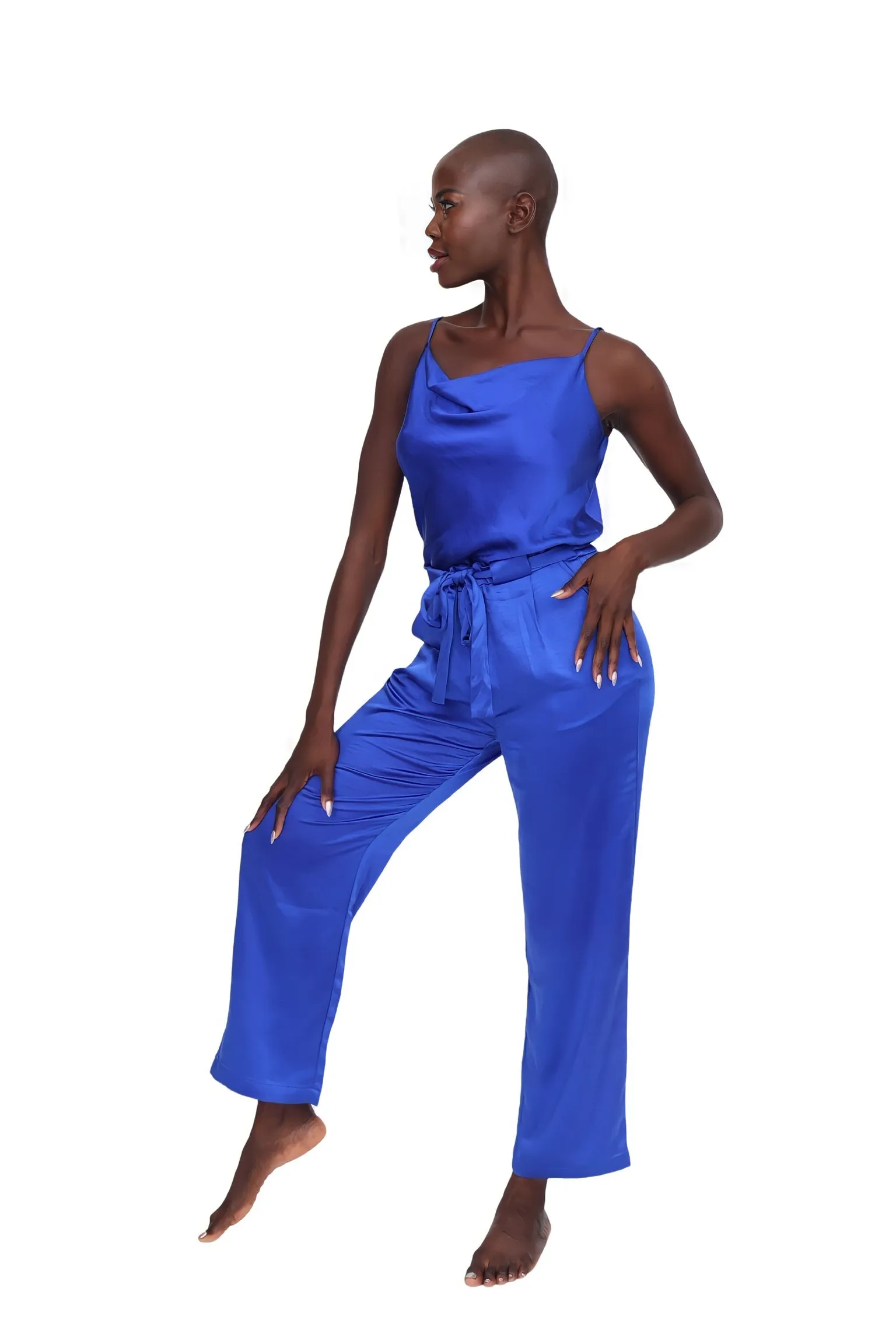 Belted Satin Wide Leg Pant - Cobalt Blue