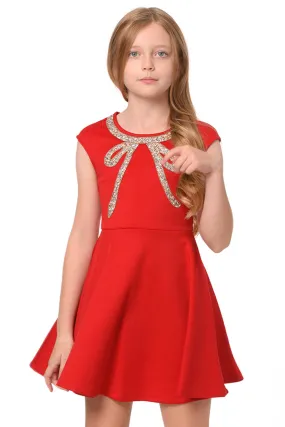 Big Girls Fit and Flare Skater Dress with Jeweled Bow