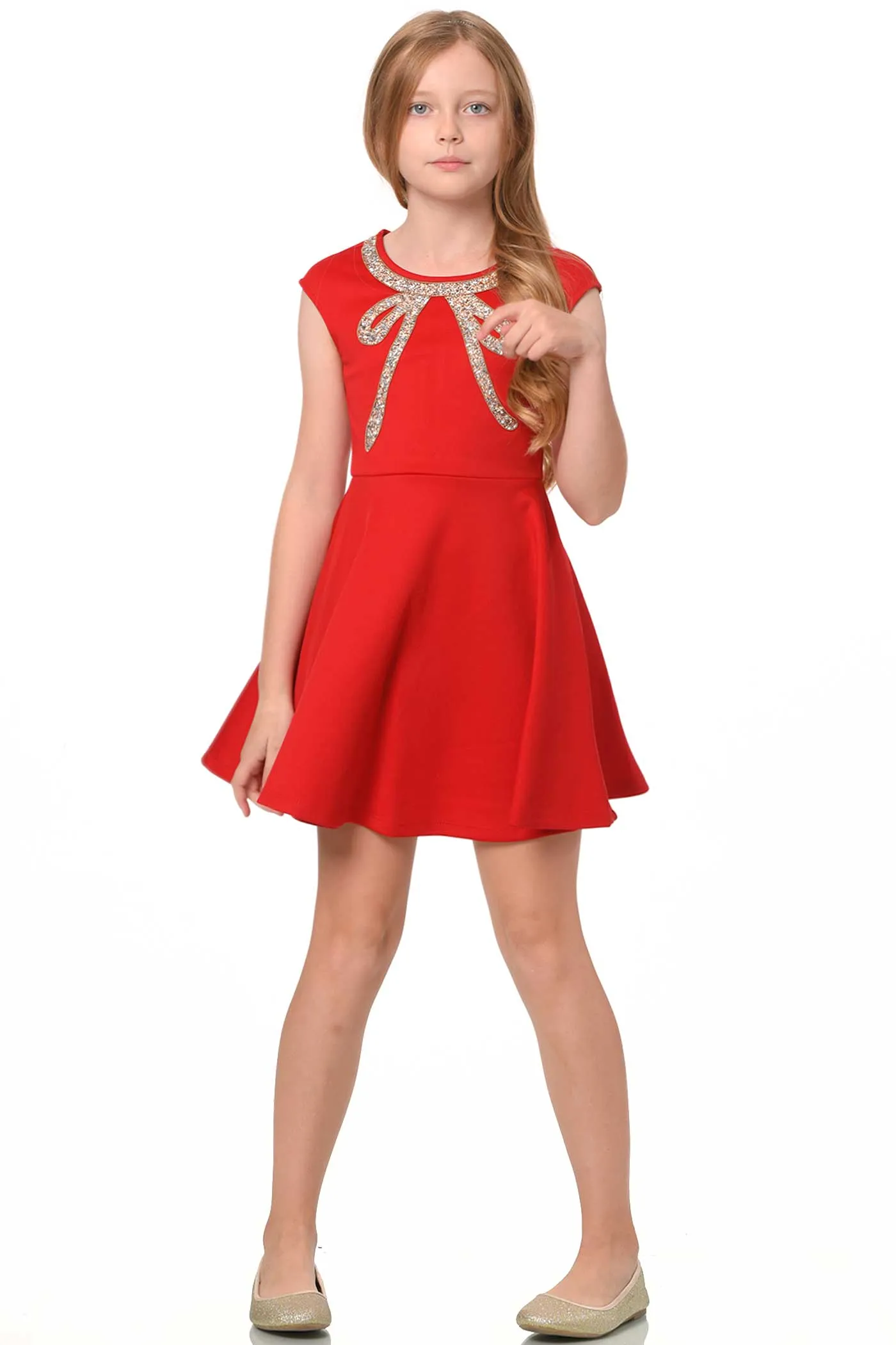 Big Girls Fit and Flare Skater Dress with Jeweled Bow