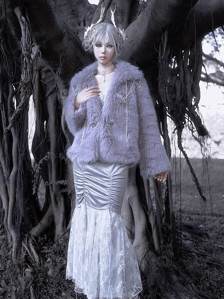 Blood Supply Swan Dream Snow Princess Purple Gray Pearl Artificial Fox Fur Winter Jacket Coat