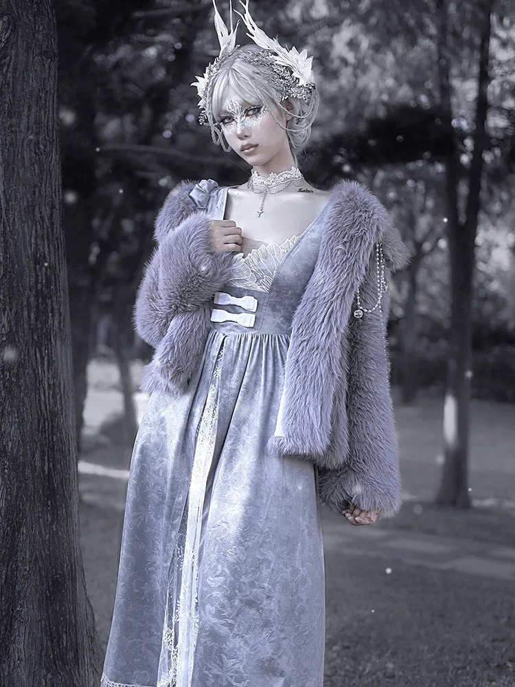 Blood Supply Swan Dream Snow Princess Purple Gray Pearl Artificial Fox Fur Winter Jacket Coat