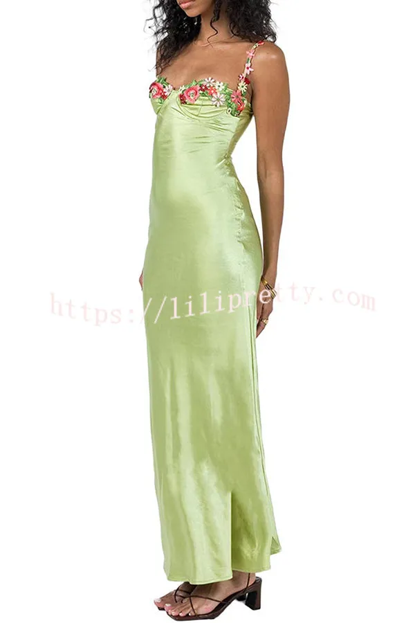 Darlin' Satin Rosette Embroidered Sweetheart Neckline Midi Dress