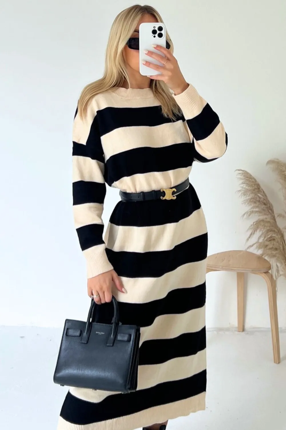 Ellie cream and black striped knitted midi dress