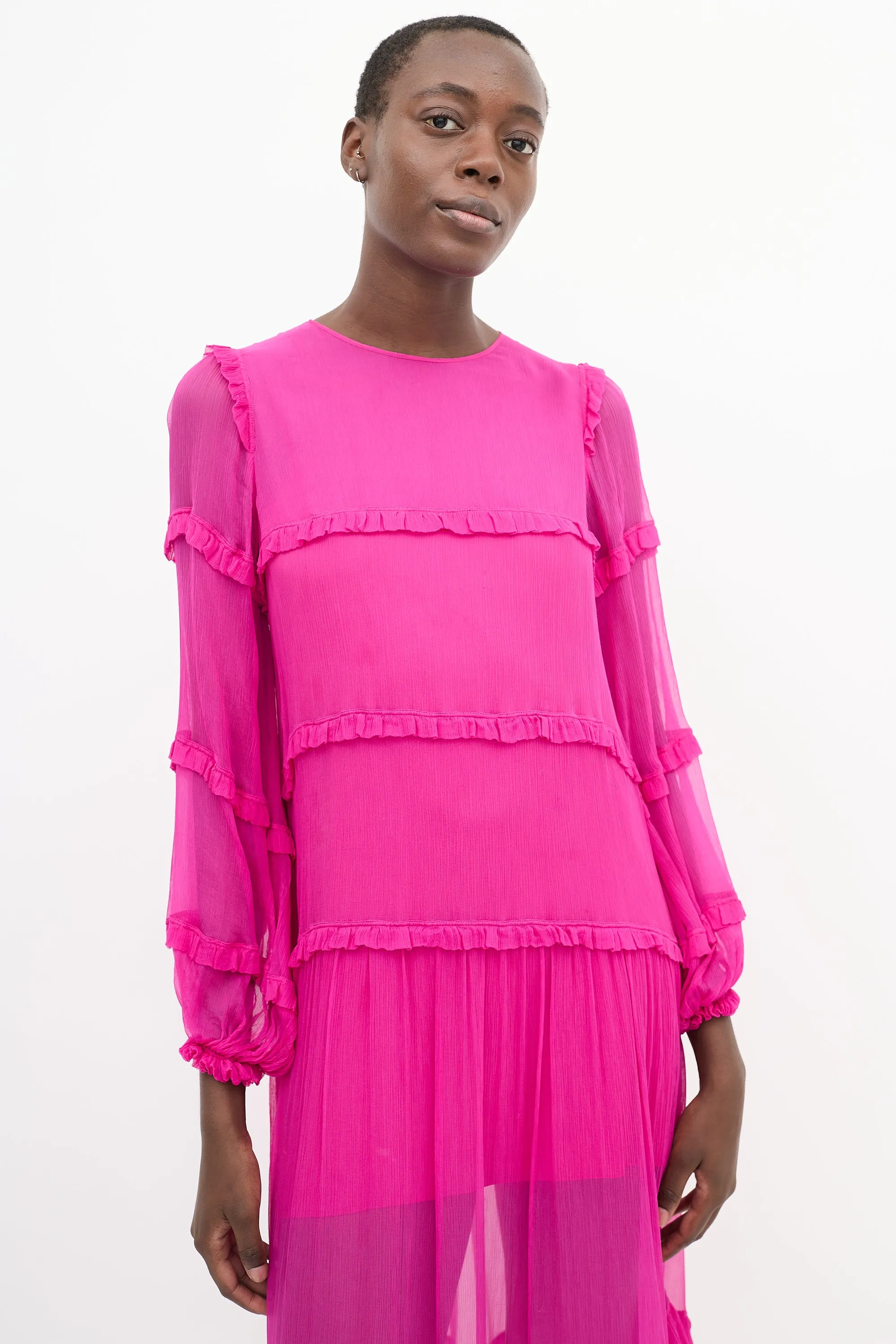 Fuchsia Plissé Ruffle Trim Tier Midi Dress