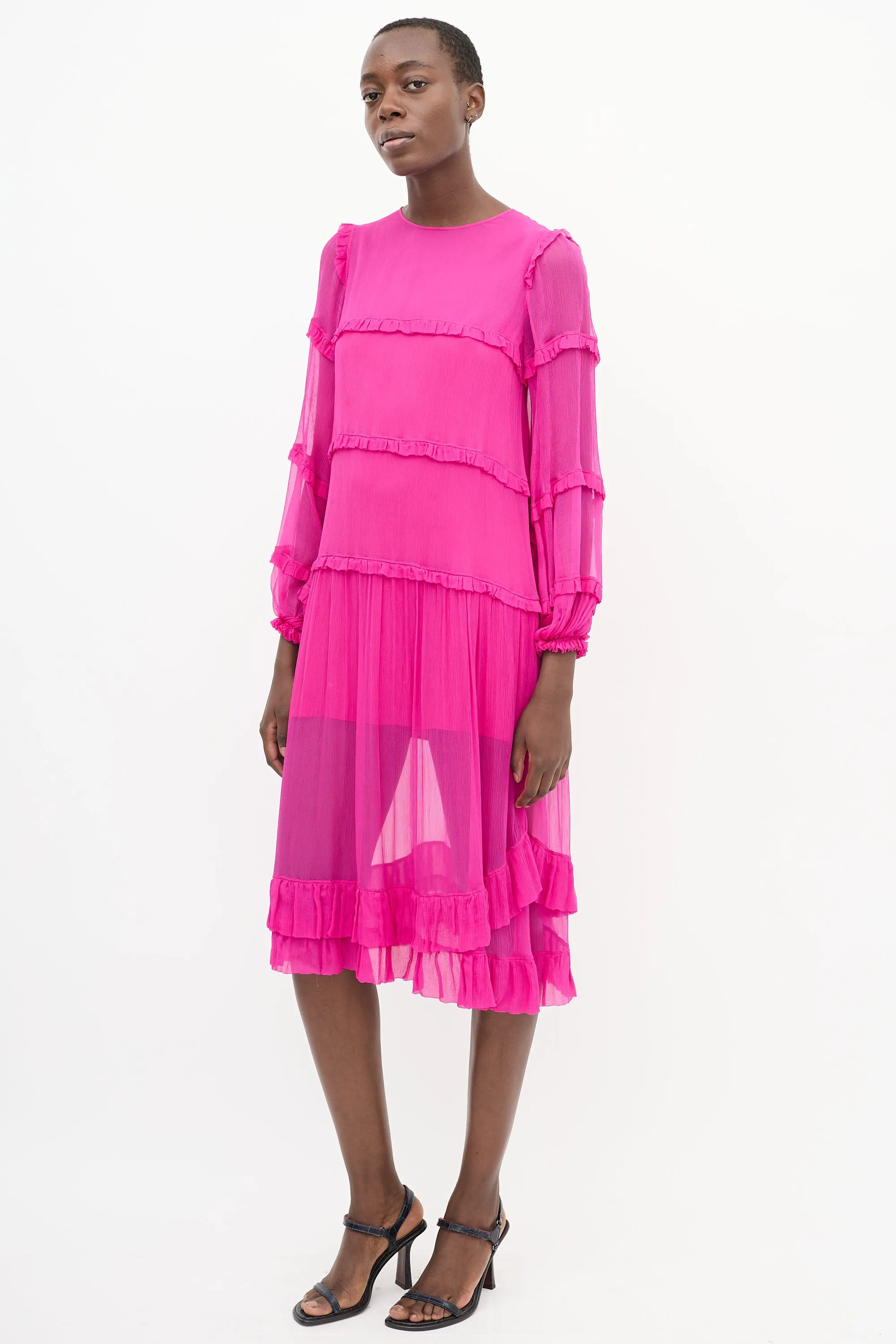 Fuchsia Plissé Ruffle Trim Tier Midi Dress