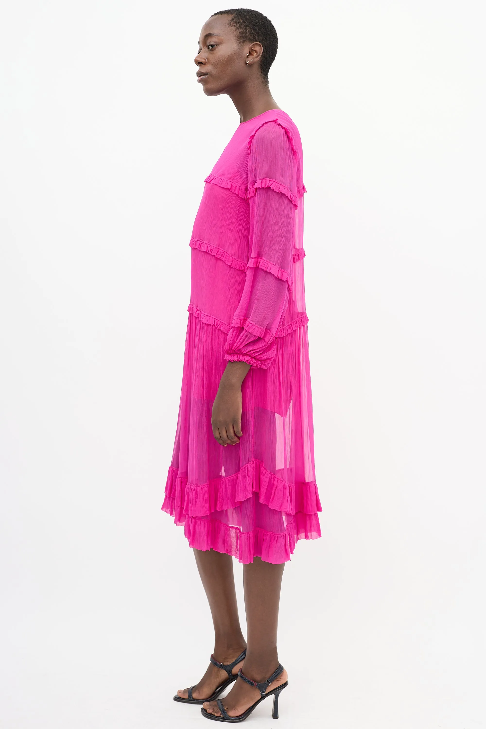 Fuchsia Plissé Ruffle Trim Tier Midi Dress