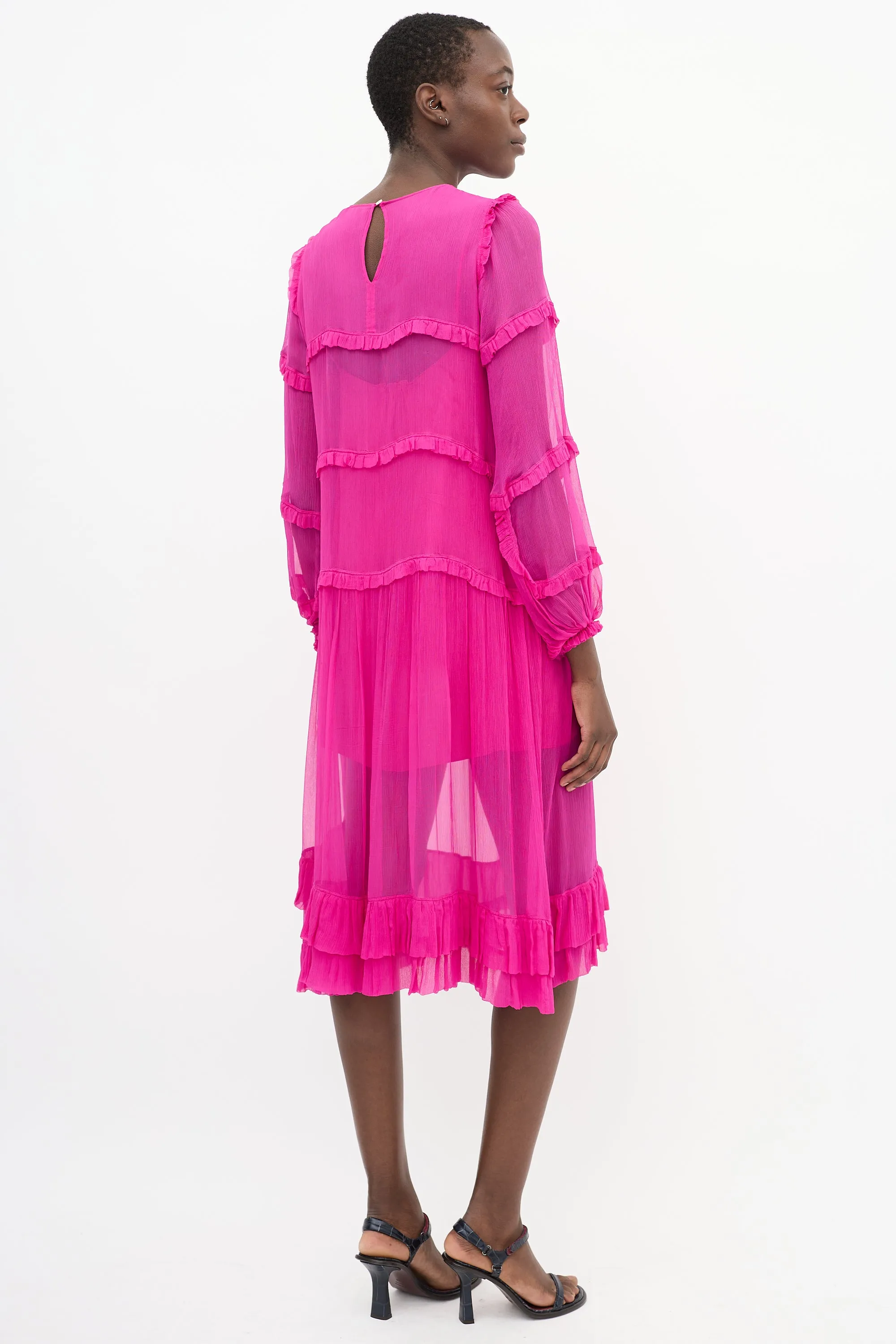 Fuchsia Plissé Ruffle Trim Tier Midi Dress