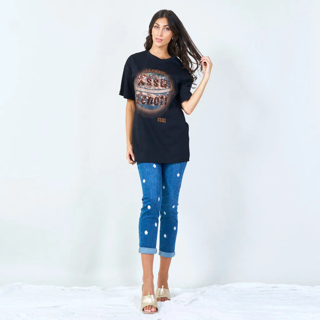 Graphic t-shirt with sequined planet motif wholesale