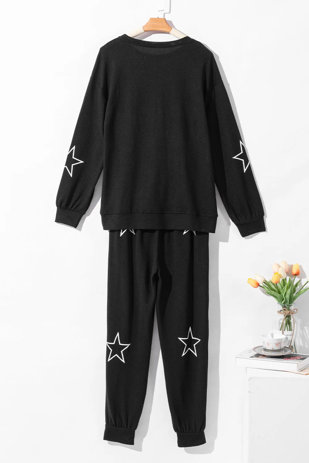 Gray Stars Print Long Sleeve Drawstring High Waist Lounge Set