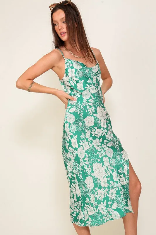 Green/Cream Satin Floral Print Maxi Dress With Front Slit