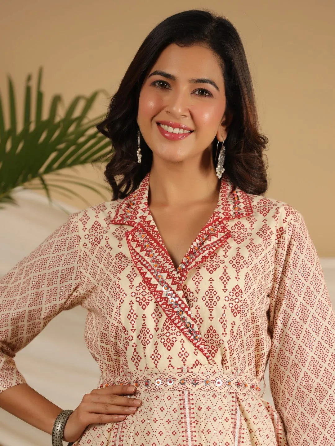 Jashvi  Ivory Cotton Geometric Printed Fit & Flare Maxi Dress With Contrast Beads & Sequins