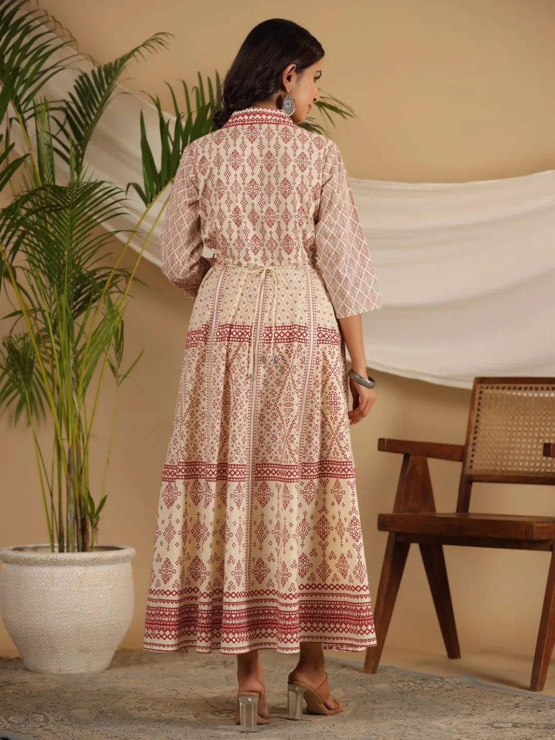 Jashvi  Ivory Cotton Geometric Printed Fit & Flare Maxi Dress With Contrast Beads & Sequins
