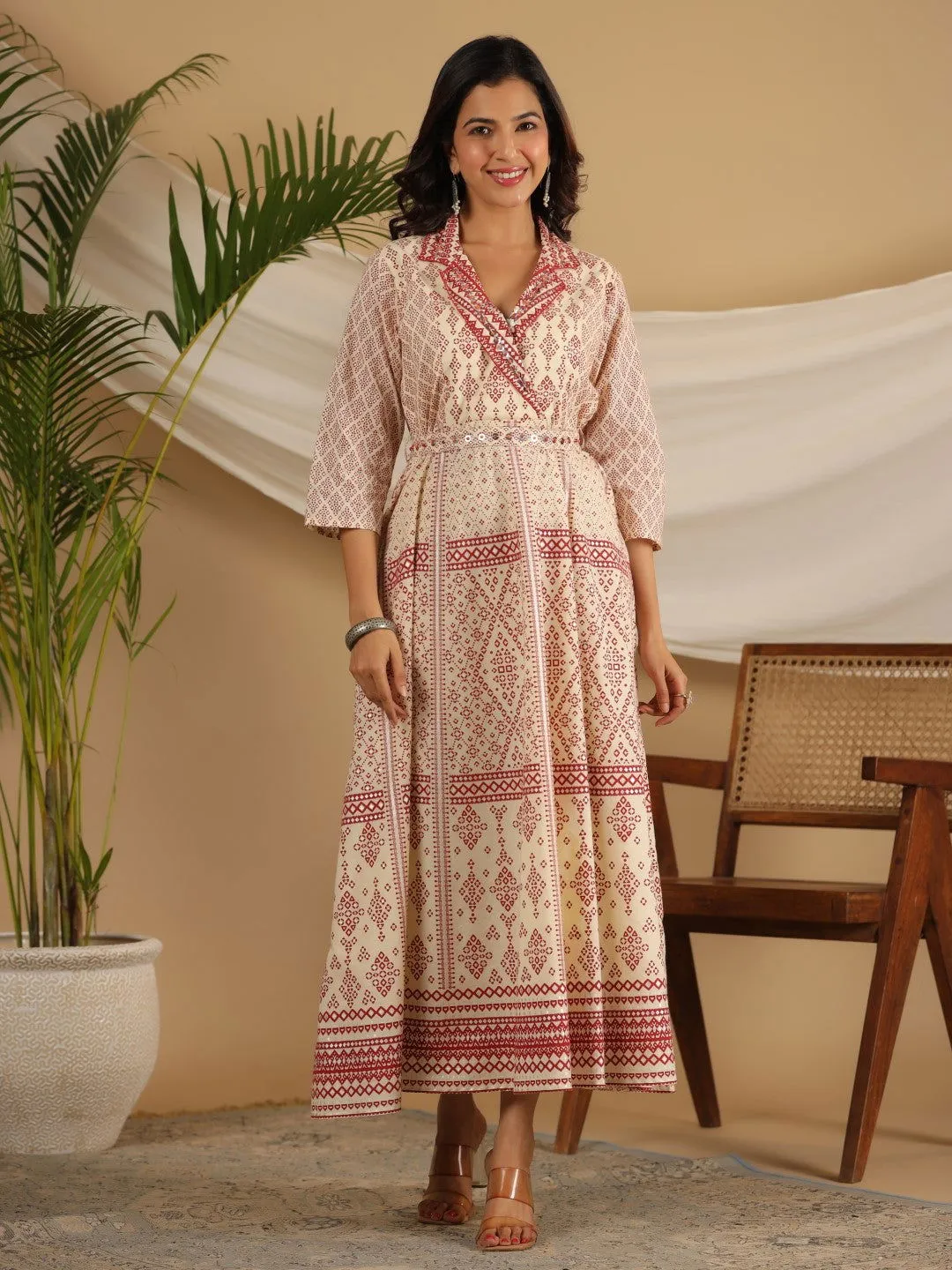 Jashvi  Ivory Cotton Geometric Printed Fit & Flare Maxi Dress With Contrast Beads & Sequins