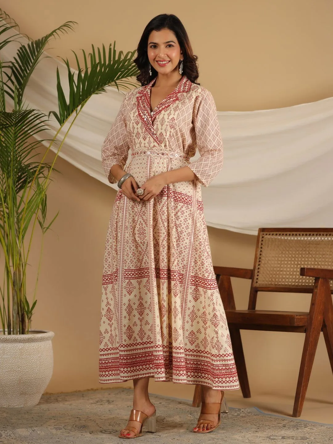 Jashvi  Ivory Cotton Geometric Printed Fit & Flare Maxi Dress With Contrast Beads & Sequins