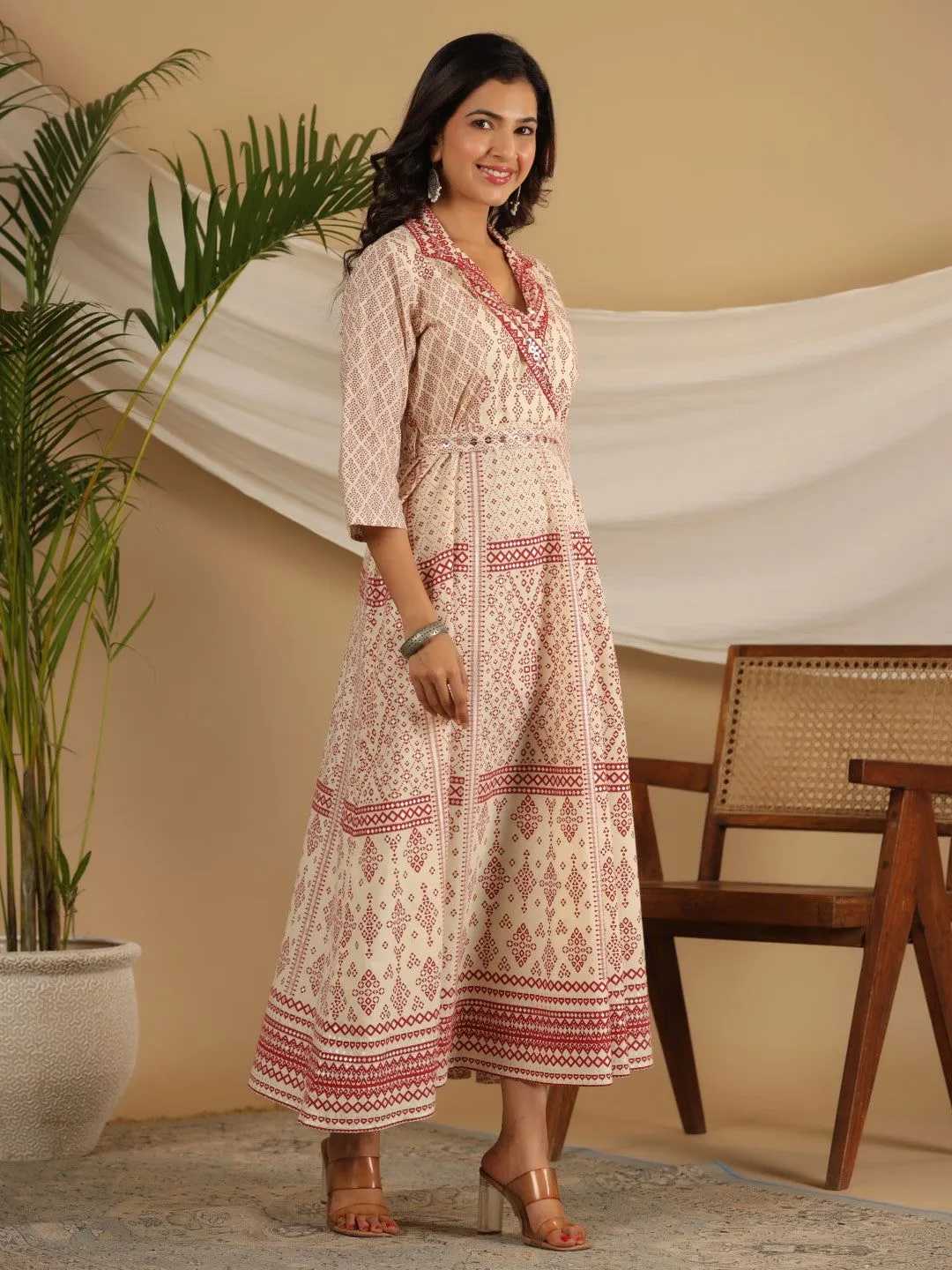 Jashvi  Ivory Cotton Geometric Printed Fit & Flare Maxi Dress With Contrast Beads & Sequins