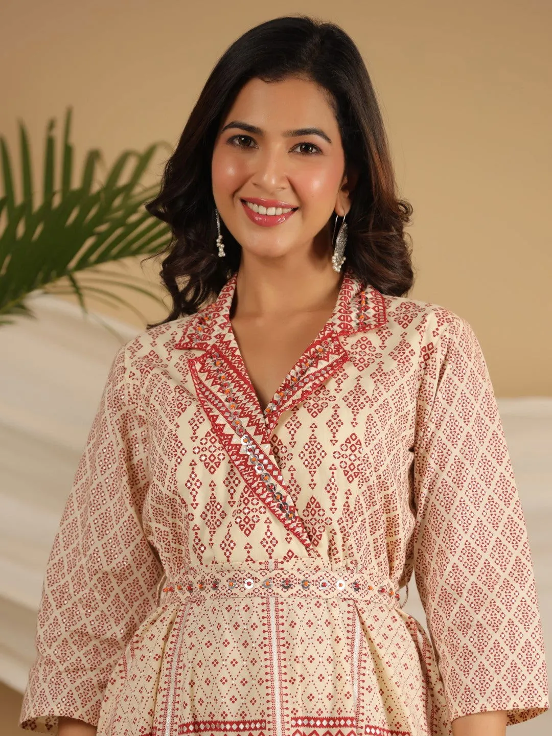 Jashvi  Ivory Cotton Geometric Printed Fit & Flare Maxi Dress With Contrast Beads & Sequins