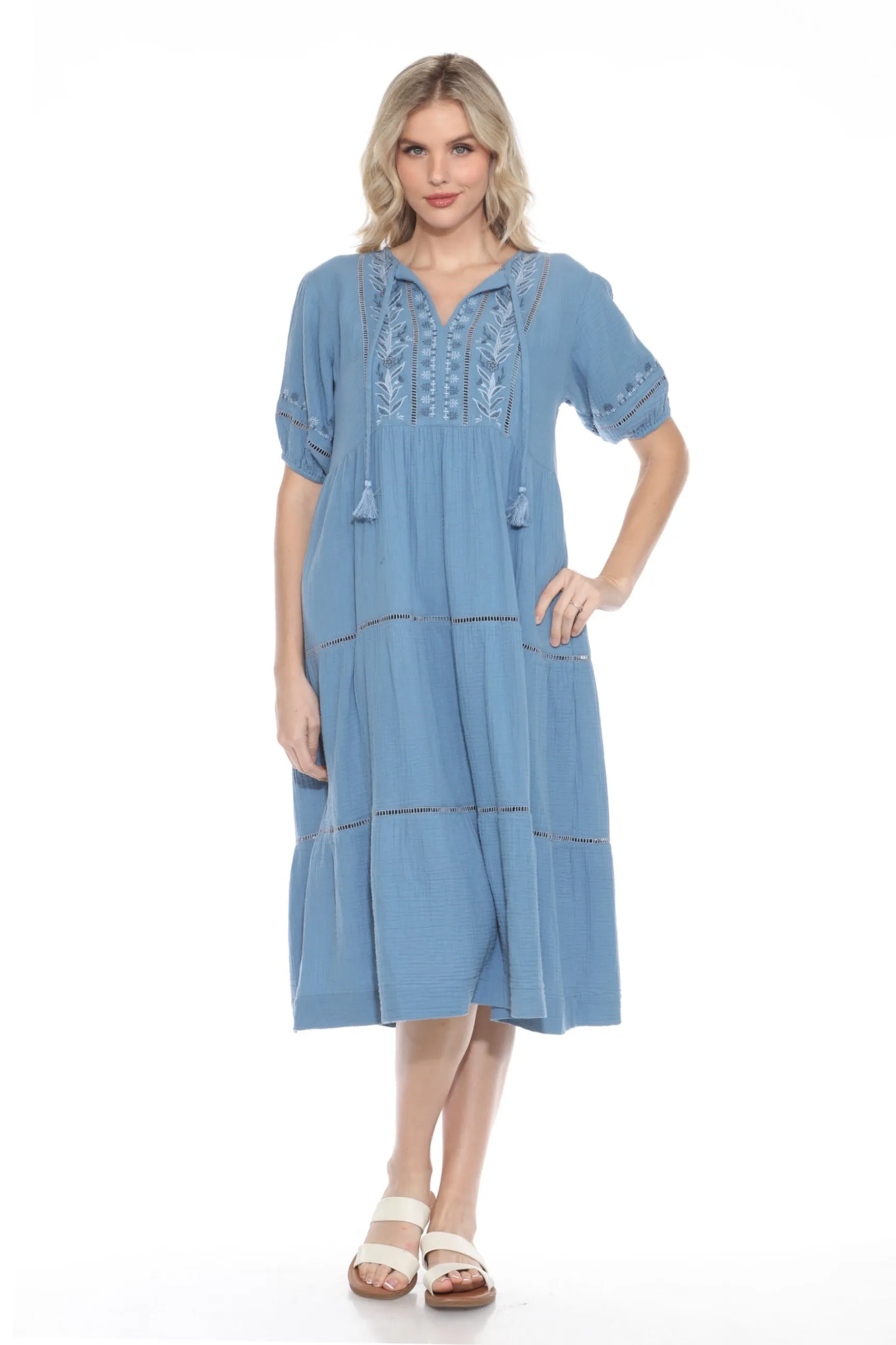 Johnny Was Calme Puff Sleeve Tie Neck Midi Dress O31122 *