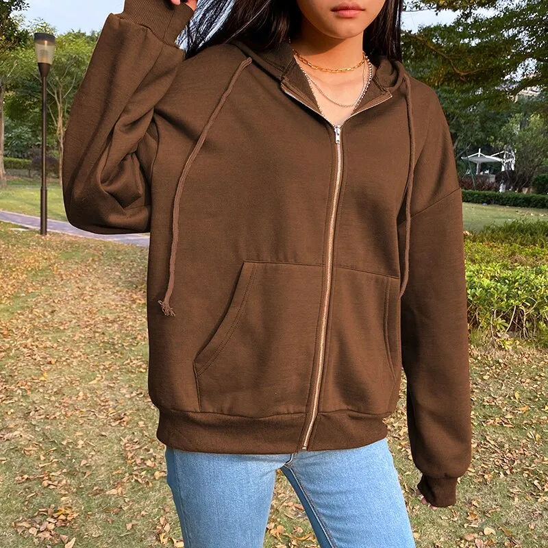Joskaa Christmas Gift JMPRS Brown Y2K Aesthetic Hoodies Women Vintage Winter Thick Zip Up Sweatshirt Jacket Streetwear Letter Black Hooded Female Coat