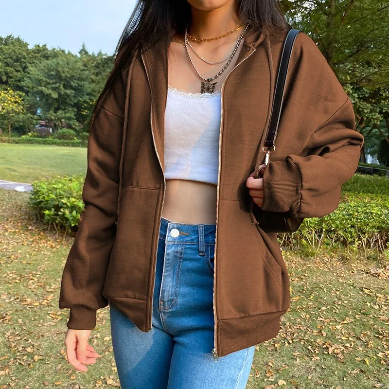 Joskaa Christmas Gift JMPRS Brown Y2K Aesthetic Hoodies Women Vintage Winter Thick Zip Up Sweatshirt Jacket Streetwear Letter Black Hooded Female Coat