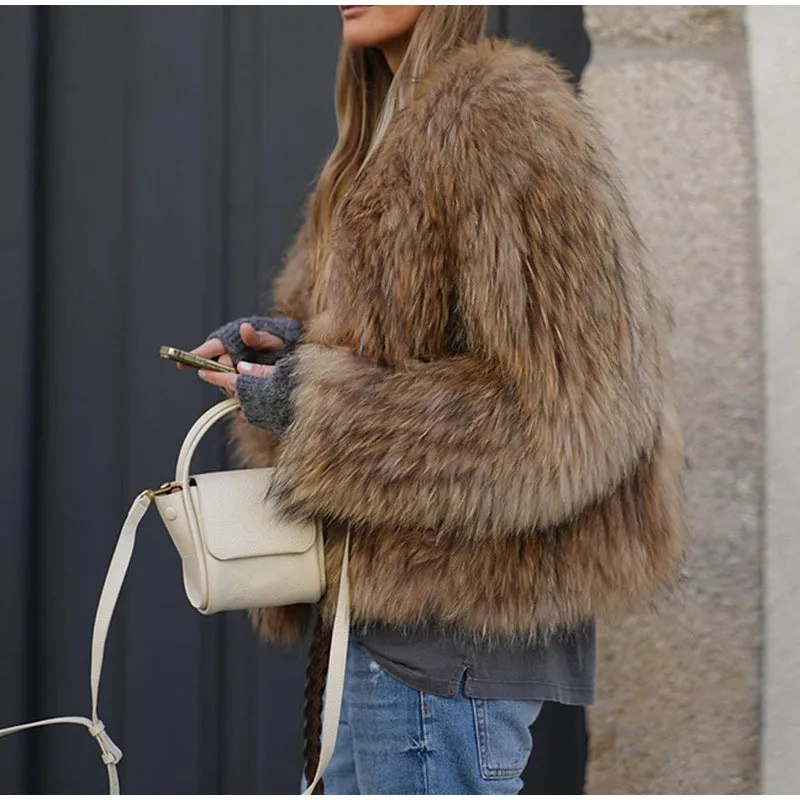 Joskaa cold weather outfits -Solid Color Long-Sleeved Fur Coat 2024 Fashionable Women's Elegant Autumn and Winter Commuter Wear