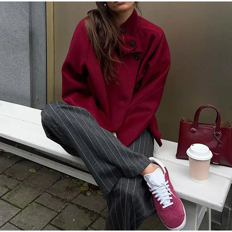 Joskaa fall outfits 2024 Solid Color Stand Collar Button Woolen Coat 2024 Fashionable Women's Autumn and Winter Fashionable Commuter Coat