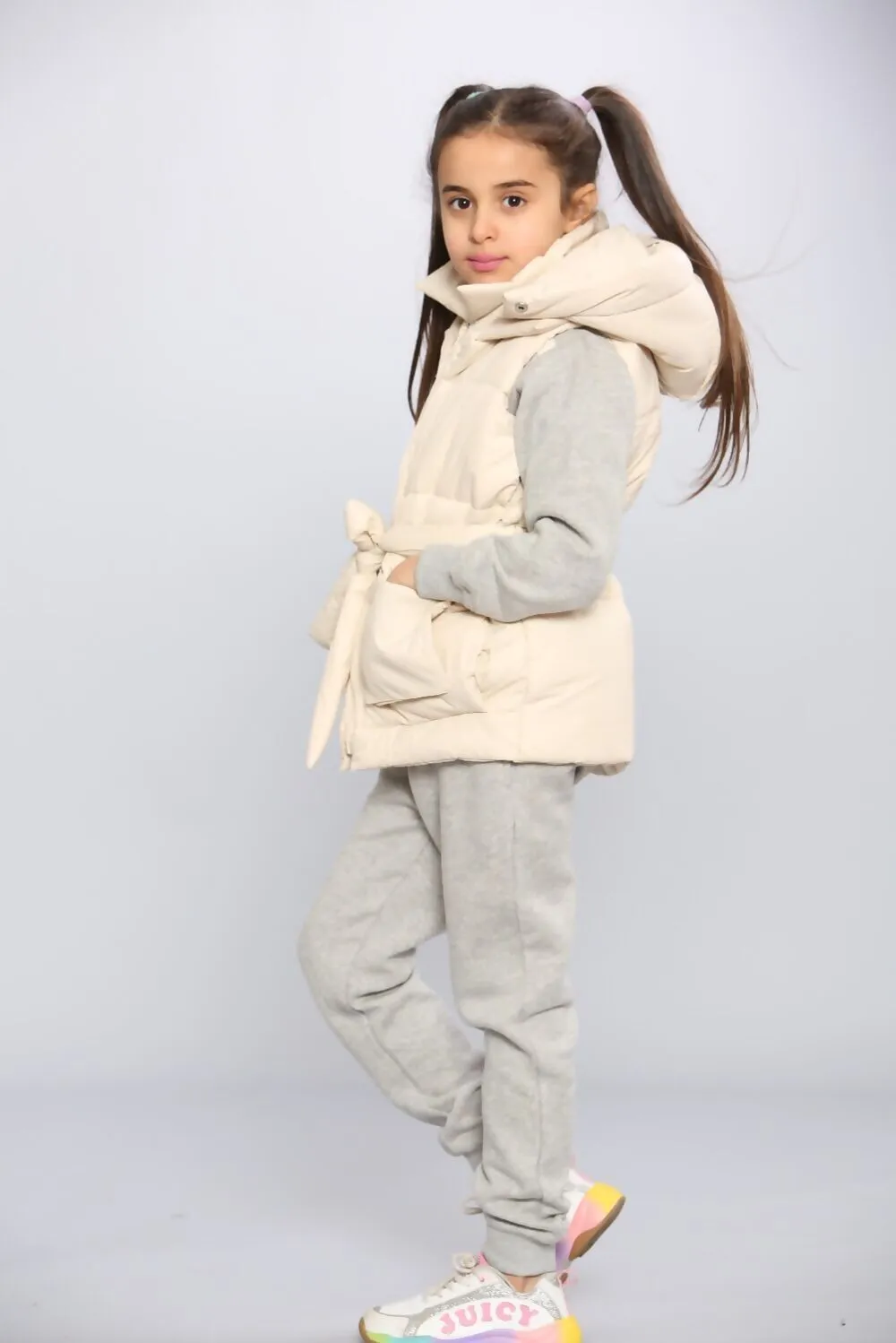 Kids Pocket Tie Front Gilet - Beige