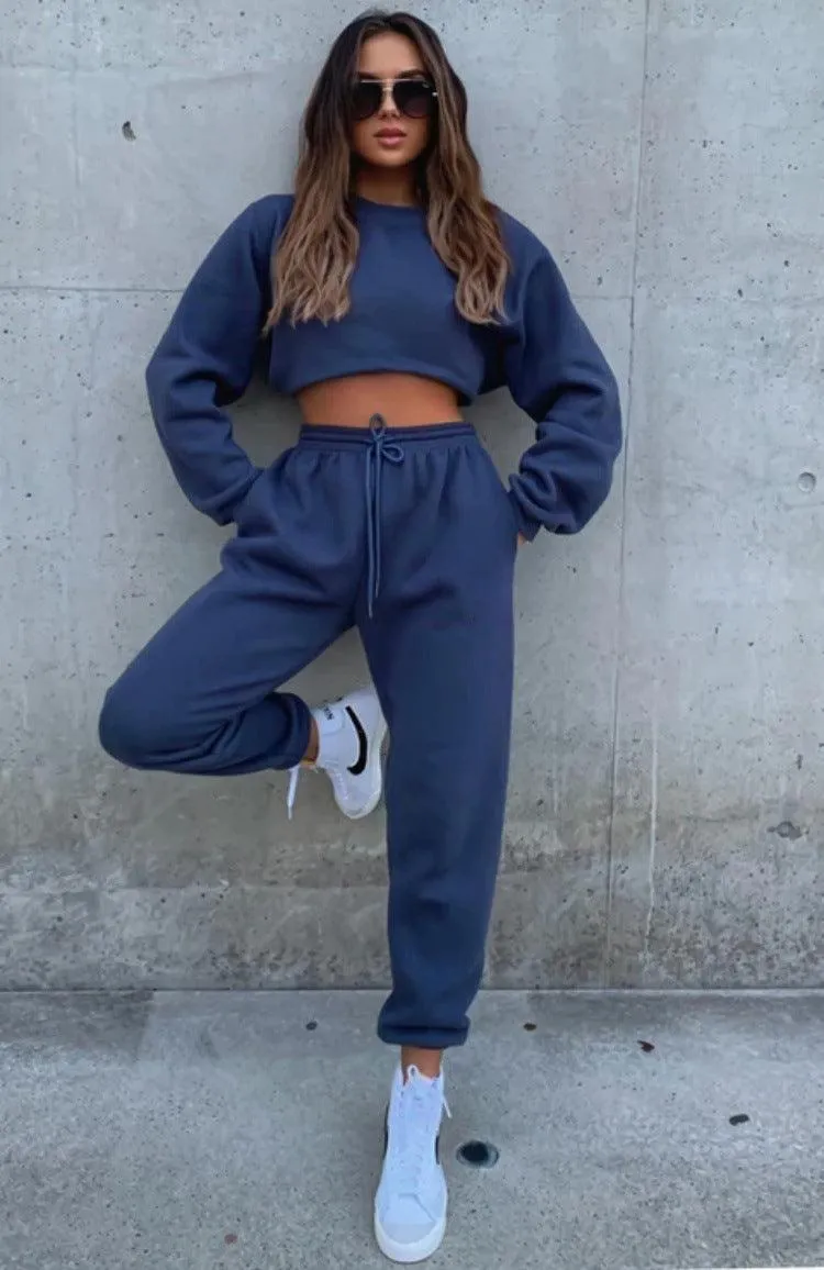Ladies Solid Color Hoodie and Pants Sets 211021A
