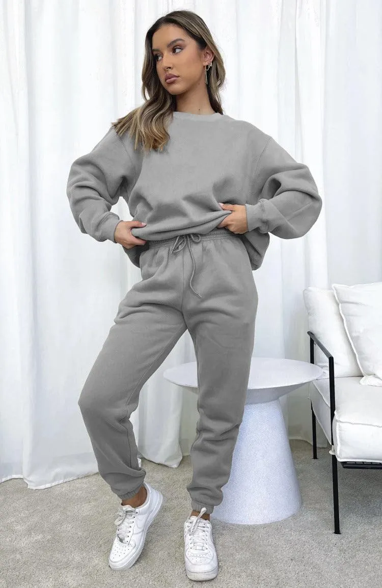 Ladies Solid Color Hoodie and Pants Sets 211021A