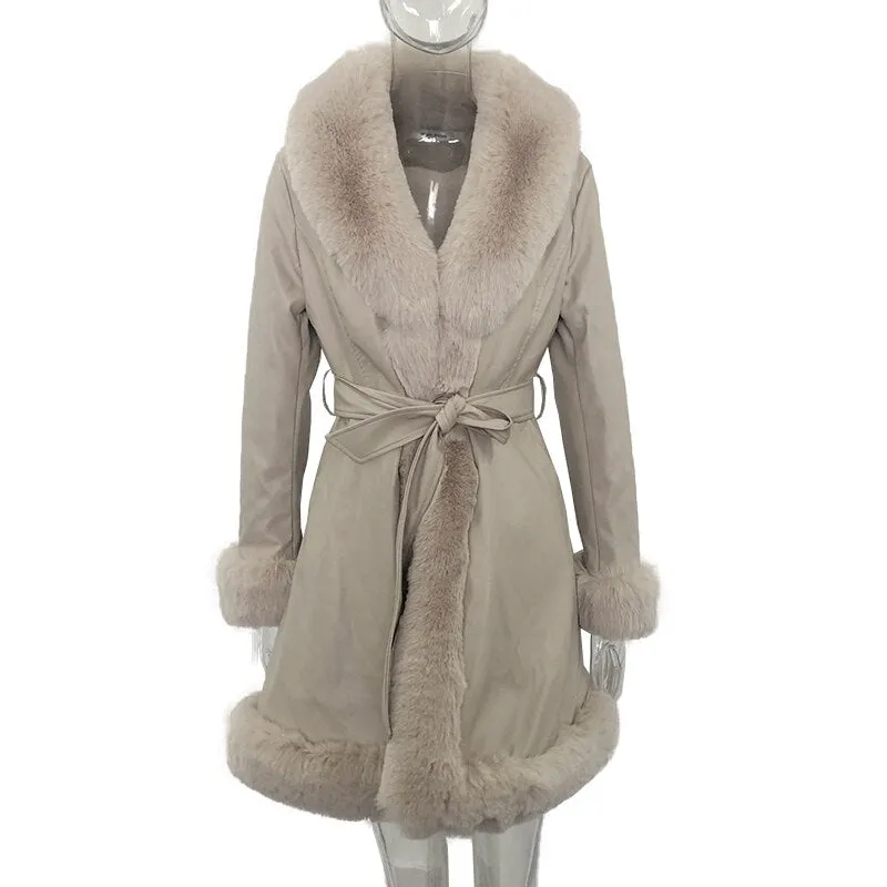 LANFUBEISI Fashion PU Leather Winter Warm Jackets WomenTie Belt Waist Long Coats Faux Fur Jackets Side Pockets Ladies Elegant Solid Coat
