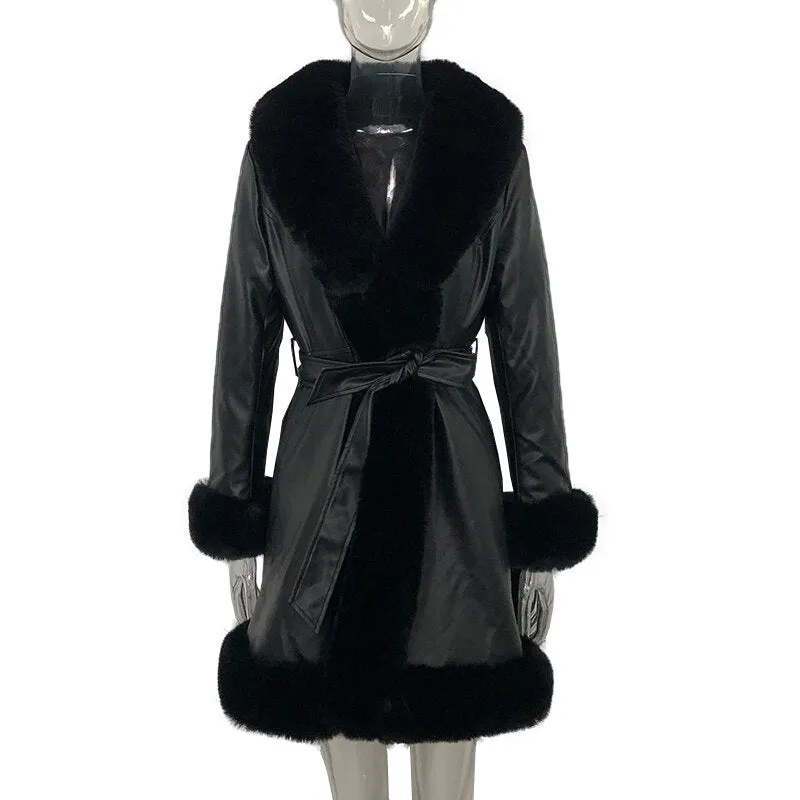LANFUBEISI Fashion PU Leather Winter Warm Jackets WomenTie Belt Waist Long Coats Faux Fur Jackets Side Pockets Ladies Elegant Solid Coat