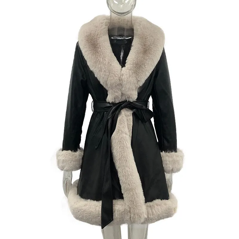LANFUBEISI Fashion PU Leather Winter Warm Jackets WomenTie Belt Waist Long Coats Faux Fur Jackets Side Pockets Ladies Elegant Solid Coat