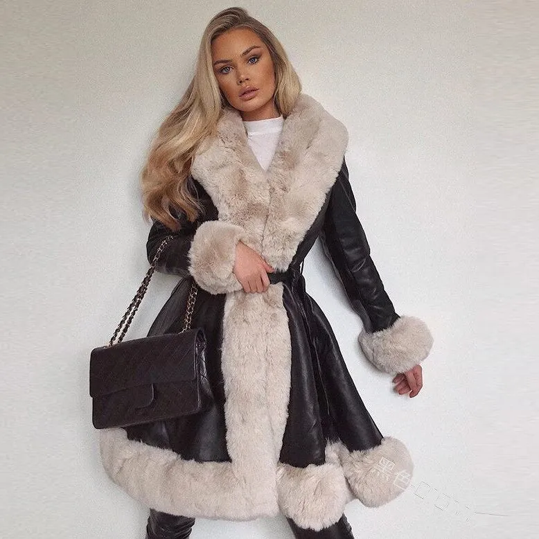 LANFUBEISI Fashion PU Leather Winter Warm Jackets WomenTie Belt Waist Long Coats Faux Fur Jackets Side Pockets Ladies Elegant Solid Coat