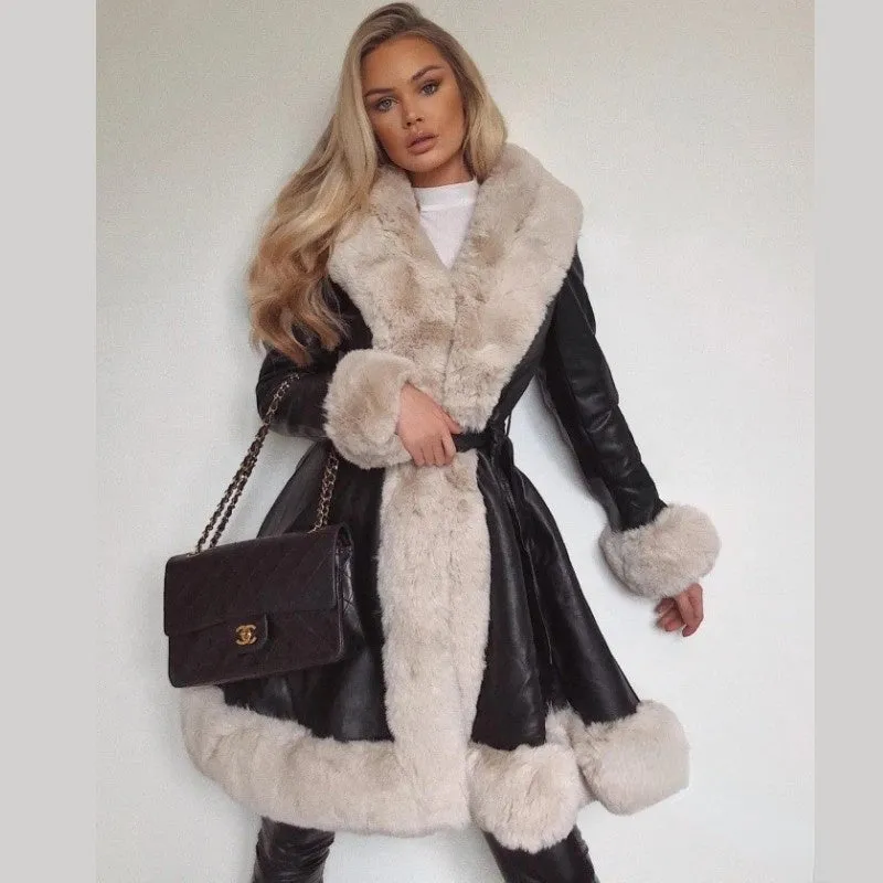 LANFUBEISI Fashion PU Leather Winter Warm Jackets WomenTie Belt Waist Long Coats Faux Fur Jackets Side Pockets Ladies Elegant Solid Coat