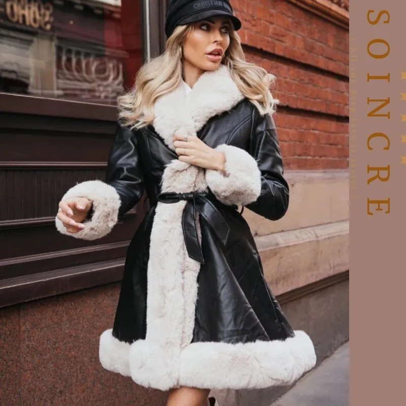LANFUBEISI Fashion PU Leather Winter Warm Jackets WomenTie Belt Waist Long Coats Faux Fur Jackets Side Pockets Ladies Elegant Solid Coat